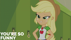 Size: 2000x1125 | Tagged: safe, edit, edited screencap, editor:quoterific, screencap, applejack, equestria girls, equestria girls specials, g4, my little pony equestria girls: better together, my little pony equestria girls: holidays unwrapped, o come all ye squashful, arms, belt, breasts, bust, canterlot high, clothes, collar, cowboy hat, eyebrows, female, freckles, geode of super strength, hair, hallway, hand on hip, hat, high school, lidded eyes, lockers, magical geodes, ponytail, raised eyebrow, school, shirt, smiling, solo, teenager, teeth