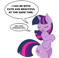 Size: 1678x1651 | Tagged: safe, artist:aggresively pastel, artist:joey darkmeat, twilight sparkle, unicorn, g4, beautiful, bipedal, curvy, cute, eyes closed, gorgeous hips, monologue, simple background, solo, speech bubble, talking, text, twiabetes, unicorn twilight, white background, wide hips