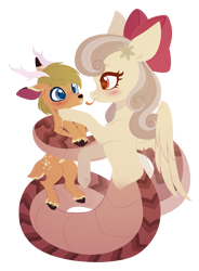 Size: 2573x3500 | Tagged: safe, artist:belka-sempai, oc, oc only, oc:citrine bloom, oc:northlight (oleniandeer), deer, lamia, original species, antlers, bow, duo, duo male and female, female, flower, flower in hair, hair bow, high res, hug, male, mare, northblossom, not vore, oc x oc, shipping, simple background, stallion, tail, tail hug, transparent background, unshorn fetlocks, wings