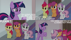 Size: 2000x1125 | Tagged: safe, edit, edited screencap, editor:quoterific, screencap, apple bloom, scootaloo, sweetie belle, twilight sparkle, alicorn, g4, marks for effort, my little pony: friendship is magic, cutie mark crusaders, eyes closed, hoof on chest, school of friendship, twilight sparkle (alicorn)