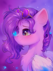Size: 1890x2528 | Tagged: safe, artist:anku, pipp petals, butterfly, pegasus, pony, g5, adorapipp, bust, butterfly on nose, chest fluff, colored wings, cute, ear fluff, female, glasses, high res, insect on nose, looking at something, mare, profile, round glasses, simple background, smiling, solo, wings