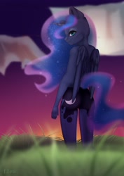 Size: 2894x4093 | Tagged: safe, artist:flea, princess luna, alicorn, anthro, g4, ass, butt, female, looking at you, looking back, looking back at you, mare, signature, solo, wings