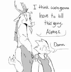 Size: 2936x2966 | Tagged: safe, artist:flow, discord, draconequus, g4, alphys, belly, dialogue, duo, hand on shoulder, high res, i think we're gonna have to kill this guy, meme, monochrome, sweat, sweatdrop, undertale