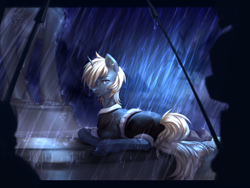 Size: 2000x1500 | Tagged: safe, artist:ryusya, pony, unicorn, fountain, rain, royal guard, solo