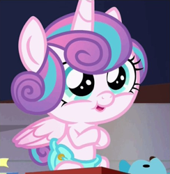 Size: 451x463 | Tagged: safe, princess flurry heart, alicorn, pony, a flurry of emotions, g4, baby, baby alicorn, baby pony, clapping, cropped, cute, female, filly, flurrybetes, foal, plushie, teddy bear