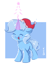 Size: 566x795 | Tagged: safe, artist:skylinepony_, trixie, pony, unicorn, g4, blushing, christmas, cute, diatrixes, eyes closed, female, filly, filly trixie, fluffy, glowing, glowing horn, hat, holiday, horn, magic, magic aura, mare, missing cutie mark, open mouth, open smile, santa hat, smiling, solo, younger