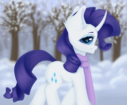Size: 1472x1224 | Tagged: safe, artist:lony, rarity, pony, unicorn, g4, clothes, curved horn, ear fluff, female, forest, horn, mare, nature, scarf, smiling, snow, solo, tree, wingding eyes, winter