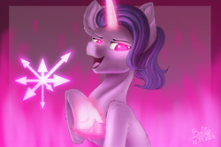 Size: 7662x5080 | Tagged: safe, artist:lightning bolty, oc, oc only, oc:mayhem star, unicorn, chaos, colored pupils, cutie mark, cutie mark background, ear fluff, fire, fire magic, glowing, glowing cutie mark, glowing eyes, glowing horn, hooves, horn, looking at you, magic, magic aura, not starlight glimmer, open mouth, open smile, purple background, shading, signature, smiling, solo, sternocleidomastoid, unicorn oc, unshorn fetlocks