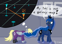 Size: 1600x1132 | Tagged: safe, artist:darkdabula, derpy hooves, princess luna, alicorn, pegasus, pony, g4, annoyed, concave belly, crossover, crown, derpy being derpy, dialogue, disgruntled, duo, elite dangerous, ethereal mane, ethereal tail, featured image, female, frown, furrowed brow, glare, hoof shoes, indoors, jewelry, looking back, luna is not amused, mare, open mouth, peytral, princess shoes, regalia, silly, silly pony, speech bubble, standing, starry mane, tail, thought bubble, turned head, unamused