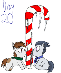Size: 2933x3500 | Tagged: safe, artist:bigpurplemuppet99, pipsqueak, rumble, pony, g4, candy, candy cane, christmas, colt, foal, food, high res, holiday, male, simple background, stuck, transparent background