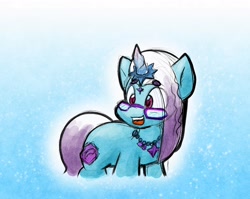 Size: 1638x1306 | Tagged: safe, artist:zutcha, comet (g5), auroricorn, pony, g5, glasses, horn, jewelry, male, necklace, open mouth, open smile, smiling, solo, stallion, tail