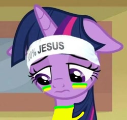 Size: 632x597 | Tagged: safe, edit, edited screencap, screencap, twilight sparkle, alicorn, pony, g4, the point of no return, brazil, bust, country flag facepaint, cropped, floppy ears, low effort, portrait, sad, solo, twilight sparkle (alicorn)