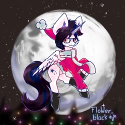 Size: 1080x1080 | Tagged: source needed, safe, artist:flower-black, oc, oc:star dawn, pony, unicorn, christmas, clothes, glasses, hat, holiday, moon, santa hat, scarf