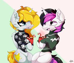 Size: 2800x2400 | Tagged: safe, artist:starmaster, oc, oc:shining silverdiamond, oc:sparkling wish, alicorn, pony, christmas, clothes, fluffy, food, happy, high res, holiday, looking at each other, looking at someone, marshmallow, merry christmas, sitting, sweater, talking, wings