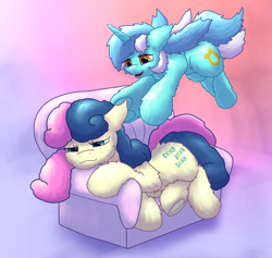 Size: 1978x1877 | Tagged: safe, artist:gosha305, bon bon, lyra heartstrings, sweetie drops, earth pony, pony, unicorn, g4, adorabon, blushing, cheek fluff, chest fluff, couch, cute, duo, ear fluff, female, fluffy, gradient background, horn, incoming hug, jumping, lesbian, lying down, lyrabetes, mare, multicolored hair, open mouth, pounce, prone, ship:lyrabon, shipping, smiling, tired, underhoof