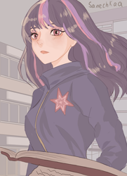 Size: 3736x5174 | Tagged: safe, artist:sanechkaa, twilight sparkle, human, g4, alternate hairstyle, book, clothes, eyeshadow, female, humanized, jacket, makeup, solo