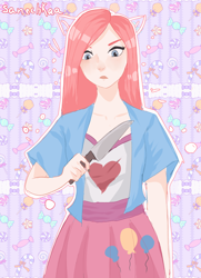 Size: 3014x4174 | Tagged: safe, artist:sanechkaa, pinkie pie, human, g4, alternate hairstyle, clothes, female, humanized, kitchen knife, knife, pinkamena diane pie, shirt, skirt, solo, t-shirt, vest