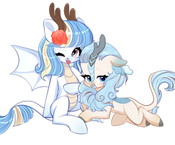 Size: 1223x1014 | Tagged: artist needed, safe, oc, oc only, oc:婺源, oc:灵芸·茗泽, dracony, dragon, hybrid, kirin, pony, 2024 community collab, derpibooru community collaboration, cloven hooves, duo, duo female, female, flower, flower in hair, horn, horns, kirin oc, lesbian, mare, oc x oc, one eye closed, shipping, simple background, tongue out, transparent background, wings, wink