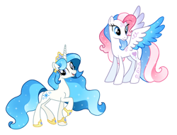 Size: 1680x1280 | Tagged: safe, artist:dazzle, majesty, star catcher, pegasus, unicorn, g1, g3, g4, base used, bracelet, closed mouth, colored wings, colored wingtips, concave belly, crown, duo, ear piercing, earring, ethereal mane, ethereal tail, female, g1 to g4, g3 to g4, generation leap, gradient mane, gradient tail, hoof shoes, jewelry, looking at you, mare, multicolored wings, open mouth, open smile, piercing, princess shoes, raised hoof, regalia, simple background, slender, smiling, sparkly mane, sparkly tail, sparkly wings, spread wings, standing, tail, thin, tiara, turned head, white background, wings