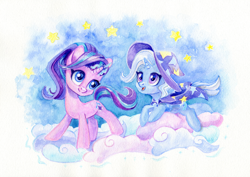 Size: 1694x1200 | Tagged: safe, artist:maytee, starlight glimmer, trixie, pony, unicorn, g4, cloud, colored pencil drawing, duo, magic, stars, traditional art