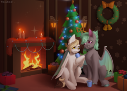 Size: 2800x2000 | Tagged: safe, artist:villjulie, oc, oc only, bat pony, pegasus, pony, bat pony oc, candle, christmas, christmas tree, christmas wreath, fire, fireplace, high res, holiday, hug, pegasus oc, present, tree, winghug, wings, wreath