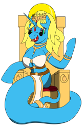 Size: 2145x3266 | Tagged: safe, artist:timejumper, oc, oc only, oc:hypnotic dreams, lamia, original species, unicorn, series:gaia 10k, arkado sardaukar, bra, clothes, crown, glasses, gold, high res, jewelry, loincloth, regalia, simple background, solo, sunglasses, throne, transparent background, underwear