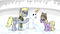 Size: 1920x1080 | Tagged: safe, artist:platinumdrop, derpy hooves, dinky hooves, g4, beanie, carrot, clothes, commission, food, happy, hat, levitation, magic, scarf, snow, snowmare, snowpony, telekinesis