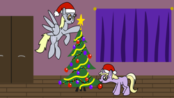 Size: 1920x1080 | Tagged: safe, artist:platinumdrop, derpy hooves, dinky hooves, g4, christmas, christmas tree, commission, flying, hearth's warming eve, holiday, mouth hold, smiling, tree