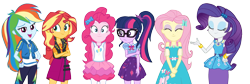 Size: 2223x750 | Tagged: safe, artist:edy_january, edit, edited screencap, screencap, fluttershy, pinkie pie, rainbow dash, rarity, sci-twi, sunset shimmer, twilight sparkle, equestria girls, equestria girls series, g4, holidays unwrapped, o come all ye squashful, background removed, clothes, cutie mark on clothes, eyes closed, eyeshadow, fluttershy boho dress, geode of empathy, geode of fauna, geode of shielding, geode of sugar bombs, geode of super speed, geode of telekinesis, glasses, hoodie, jacket, magical geodes, makeup, not a vector, offscreen character, pov, rah rah skirt, rarity peplum dress, sci-twi skirt, shirt, simple background, skirt, tank top, transparent background