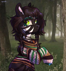 Size: 3000x3200 | Tagged: safe, artist:k0potb, oc, oc only, earth pony, pony, bow, clothes, colored, cute, eyebrows, female, forest, forest background, green eyes, hair bow, high res, hooves, looking at you, makeup, mare, nature, serious, serious face, signature, solo, sweater, tree