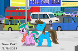 Size: 2837x1865 | Tagged: safe, artist:creedyboy124, oc, oc:lion, oc:star heart, alicorn, pegasus, pony, g4, bus, car, city, clothes, eyes closed, female, male, scarf, smiling, street, truck, walking, winter, winter outfit