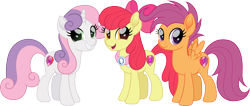 Size: 3776x1600 | Tagged: safe, artist:cloudy glow, apple bloom, scootaloo, sweetie belle, earth pony, pegasus, pony, unicorn, g4, apple bloom's bow, bow, clothes, cutie mark crusaders, female, goldie delicious' shawl, hair bow, happy, mare, movie accurate, older, older apple bloom, older scootaloo, older sweetie belle, open mouth, open smile, shawl, simple background, small wings, smiling, transparent background, vector, wings
