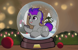 Size: 1151x739 | Tagged: safe, artist:joaothejohn, oc, oc only, oc:legacy lexston, pony, unicorn, animated, candy, candy cane, christmas, christmas lights, christmas tree, commission, food, gif, holiday, horn, looking up, lying down, raised hoof, snow, snow globe, snowfall, solo, tree