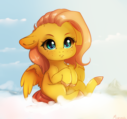Size: 2398x2240 | Tagged: safe, artist:miokomata, fluttershy, pegasus, pony, g4, cloud, cute, daaaaaaaaaaaw, female, floppy ears, freckles, freckleshy, high res, looking at you, mare, missing cutie mark, on a cloud, shyabetes, signature, sitting, sitting on a cloud, solo
