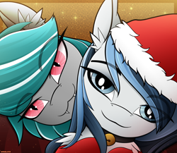 Size: 2300x2000 | Tagged: safe, artist:andaluce, oc, oc only, oc:haze northfleet, oc:malachite cluster, bat pony, pegasus, pony, :3, bell, bell collar, christmas, clothes, collar, cute, duo, ear fluff, hat, high res, holiday, jingle bells, male, ocbetes, santa hat, socks, trap