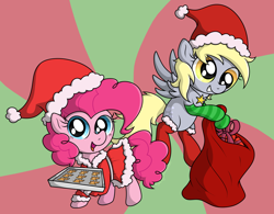 Size: 4158x3246 | Tagged: safe, artist:background basset, derpy hooves, pinkie pie, earth pony, pegasus, pony, g4, abstract background, christmas, clothes, cookie, costume, cute, derpabetes, diapinkes, dress, duo, food, gingerbread (food), hat, holiday, open mouth, present, santa costume, santa hat, smiling, socks, striped socks