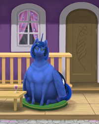 Size: 1000x1250 | Tagged: safe, artist:soobel, princess luna, alicorn, pony, g4, cushion, door, fat, female, glass, looking at you, mare, obese, pillow, porch, princess moonpig, sitting, solo, window, wine glass