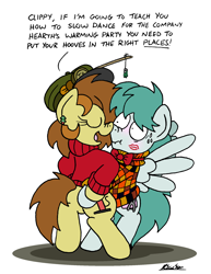 Size: 1638x2121 | Tagged: safe, artist:bobthedalek, oc, oc only, oc:bubble pump, oc:clippy ticket, earth pony, pegasus, pony, bipedal, blushing, boop, clothes, dancing, duo, ear piercing, earring, embarrassed, female, hat, jewelry, kiss mark, lipstick, male, mare, mistletoe, noseboop, piercing, simple background, spread wings, stallion, sweater, white background, wings