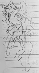 Size: 1167x2160 | Tagged: safe, artist:metaruscarlet, oc, oc only, oc:metaru scarlet, pegasus, pony, blushing, clothes, doodle, flower, flower in hair, lined paper, looking at you, lying down, pegasus oc, solo, spread wings, stars, tongue out, traditional art, wings