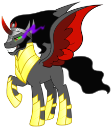 Size: 3561x4071 | Tagged: safe, artist:mlgtrap, king sombra, alicorn, pony, g4, antagonist, armor, ascension enhancement, colored horn, curved horn, evil smile, golden armor, green eyes, grin, horn, male, red horn, simple background, smiling, solo, sombra horn, stallion, tail, transparent background, wavy mane, wavy tail