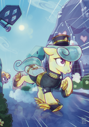 Size: 1466x2080 | Tagged: safe, artist:dirtyfox911911, golden hooves (g4), crystal pony, pony, g4, background pony, bag, clothes, crystal empire, detailed background, female, hat, mailbag, mailmare, mailmare hat, mailmare uniform, mare, running, shoes, solo focus