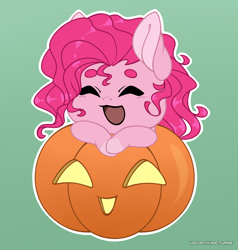 Size: 1428x1500 | Tagged: safe, artist:volodyanocturne, pinkie pie, earth pony, pony, g4, chibi, commission, crossed hooves, eyebrows, eyes closed, gradient background, halloween, holiday, jack-o-lantern, open mouth, pink coat, pink hair, pumpkin, solo, ych result