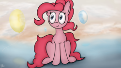 Size: 3840x2160 | Tagged: safe, artist:mxbu, pinkie pie, earth pony, pony, g4, balloon, cloud, female, high res, mare, sitting, solo