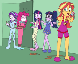 Size: 3471x2846 | Tagged: safe, artist:bugssonicx, pinkie pie, sci-twi, starlight glimmer, sunset shimmer, twilight sparkle, human, equestria girls, g4, beanie, bewildered expression, bondage, bound and gagged, cloth gag, clothes, footed sleeper, footie pajamas, gag, glasses, happy bondages, hat, high res, nightgown, onesie, over the nose gag, pajamas, phone, pointing, rope, rope bondage, shocked, shocked expression, shorts, shrug, shrugging, sleepover, sleepwear, slippers, slumber party, socks, tied up, untying