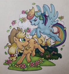 Size: 2886x3109 | Tagged: safe, artist:xenotropos, applejack, rainbow dash, earth pony, pegasus, pony, g4, applejack's hat, cloud, colored pencil drawing, cowboy hat, female, flower, flying, hat, high res, lesbian, looking at each other, looking at someone, looking back, mare, marker drawing, open mouth, photo, ship:appledash, shipping, simple background, tan background, traditional art