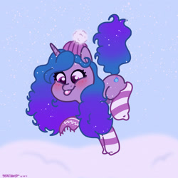 Size: 2480x2480 | Tagged: safe, artist:starburstuwu, izzy moonbow, pony, unicorn, g5, beanie, blushing, catching snowflakes, clothes, cute, female, hat, high res, izzybetes, mare, snow, snowfall, snowflake, socks, solo, striped socks, tongue out