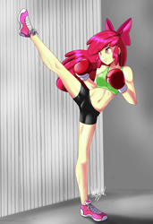 Size: 3077x4500 | Tagged: source needed, useless source url, safe, artist:danmakuman, apple bloom, human, g4, belly, belly button, boxing gloves, clothes, female, fit, humanized, imported from twibooru, kickboxing, kicking, martial arts, png, shorts, slender, solo, thin, tomboy