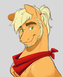 Size: 1280x1558 | Tagged: safe, artist:chub-wub, applejack, earth pony, pony, g4, alternate hairstyle, applejack (male), bandana, beard, blue background, facial hair, freckles, male, ponytail, rule 63, simple background, solo, stallion