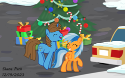 Size: 6401x4023 | Tagged: safe, artist:creedyboy124, oc, oc only, oc:sharp stars, oc:sunlight mist, pegasus, pony, unicorn, g4, car, christmas, christmas tree, female, happy, holiday, jumping, male, present, stallion, street, tree