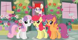 Size: 3053x1600 | Tagged: safe, artist:cloudy glow, apple bloom, scootaloo, sweetie belle, twist, earth pony, pegasus, pony, unicorn, g4, adorabloom, cute, cutealoo, cutie mark crusaders, diasweetes, female, flower, flower shop, movie accurate, older, older apple bloom, older scootaloo, older sweetie belle, older twist, the cmc's cutie marks, twistabetes